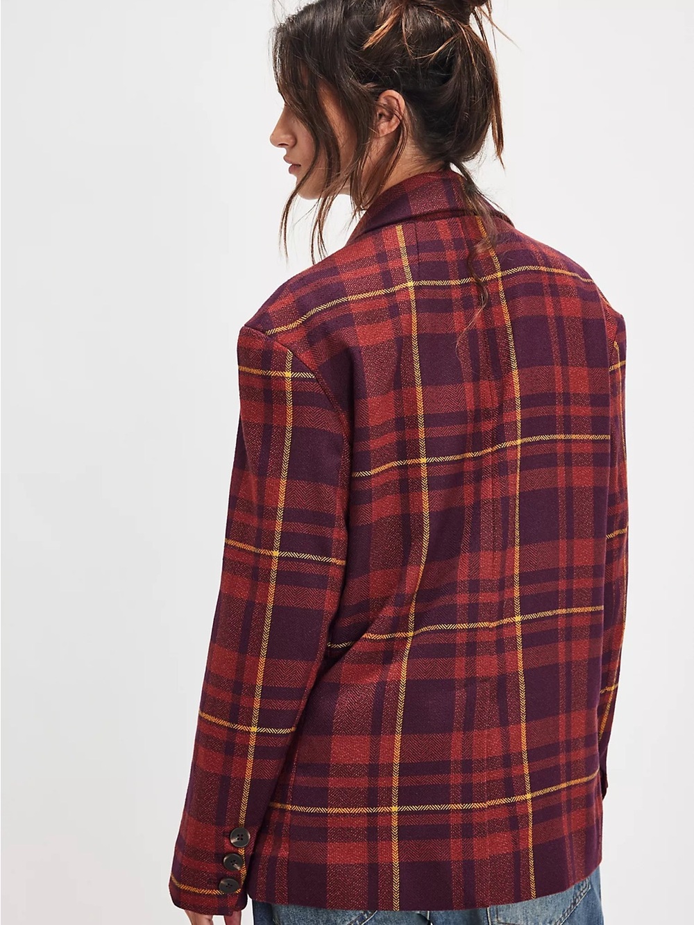 Free People Blazer Double Breasted Burgundy Plaid Jacket Oversized Relaxed Fit S - Picture 8 of 12